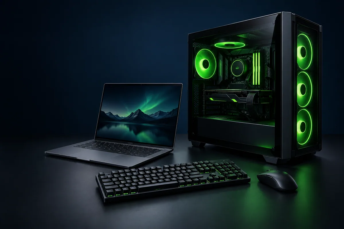 Composição ilustrativa de computador gamer, notebook e acessórios